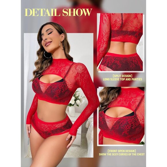 Women's Red Lingerie Imported Front Open Bodysuit Sexy Nightwear Pajamas Set - Picture 2 of 6